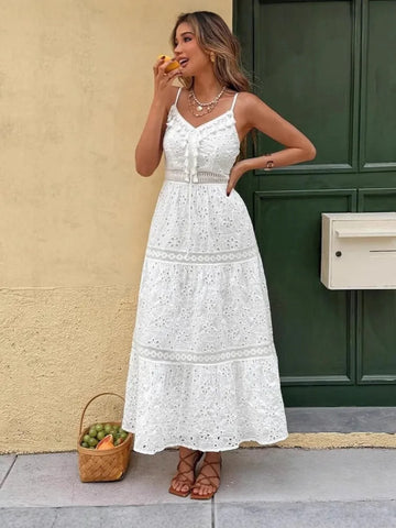 MQTIME  -  Summer New Fashion V-neck Women Strap Long Skirt Sexy Hollow Out Tassel Embroidered Female Dresses